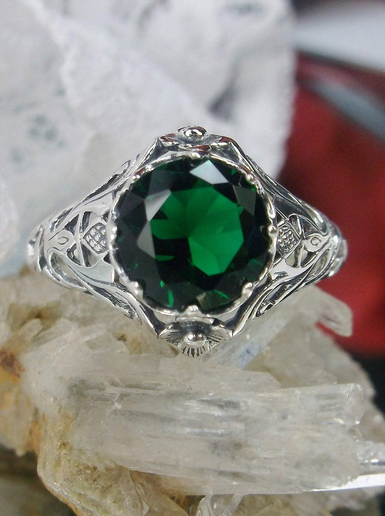 Emerald green ring, sterling silver floral filigree, daisy design #D66
