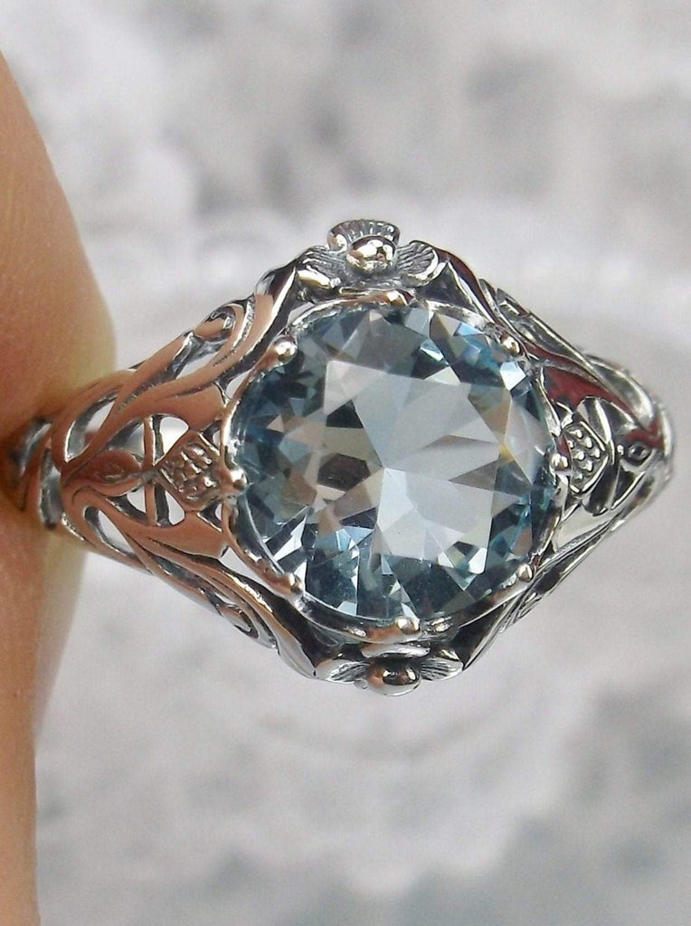 aquamarine ring, sterling silver filigree, daisy design #D66