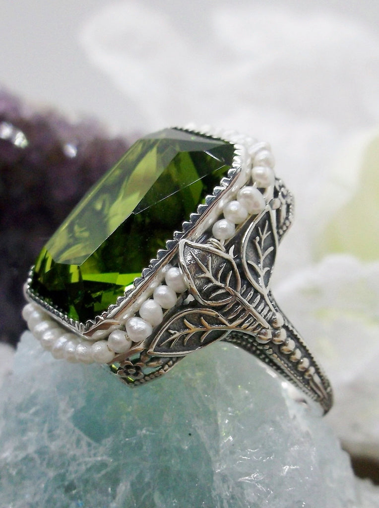 Peridot Ring, light green gem with Seed Pearl Frame, Silver Leaf Filigree, Victorian Jewelry D234