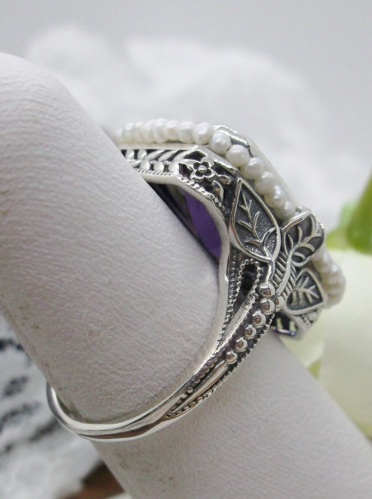 Amethyst Ring, Purple gem with Seed Pearl Frame, Silver Leaf Filigree, Victorian Jewelry D234