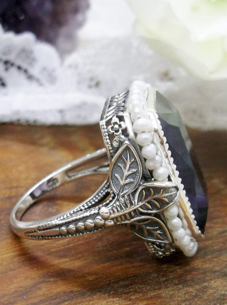 Amethyst Ring, Purple gem with Seed Pearl Frame,  Silver Leaf Filigree, Victorian Jewelry D234