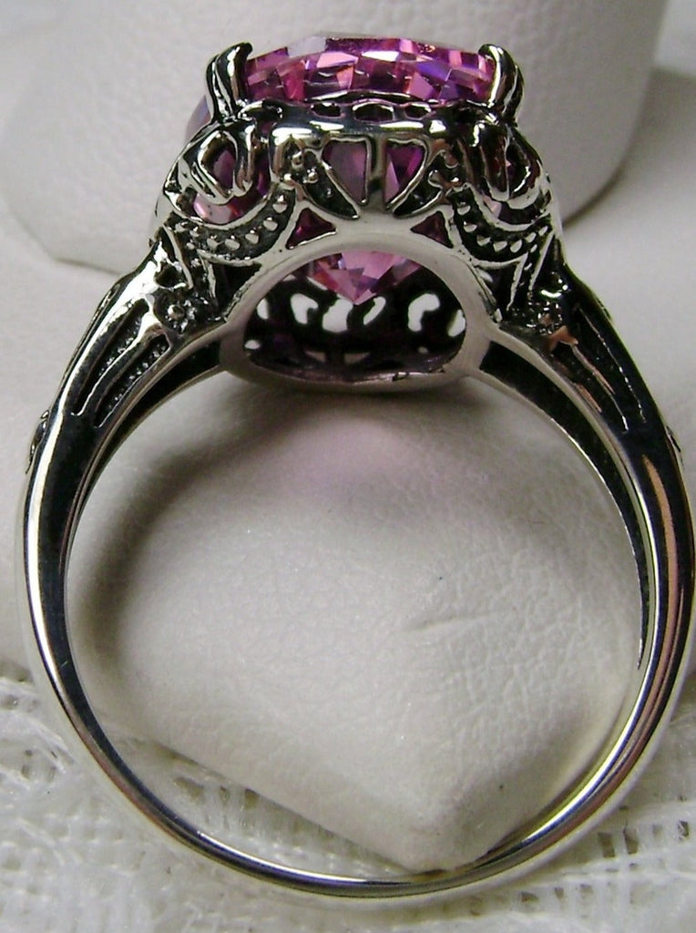 Pink Ring, Pink Cubic Zirconia (CZ) oval faceted gemstone, sterling silver floral filigree, Edward design #D70