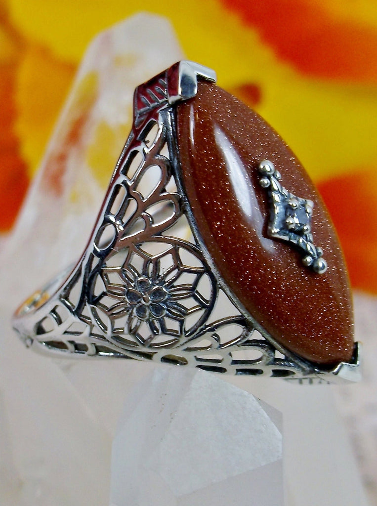 Orange Sparkle Camphor Glass Ring, Marquise shape CZ inset gem, Edwardian Silver Filigree Jewelry
