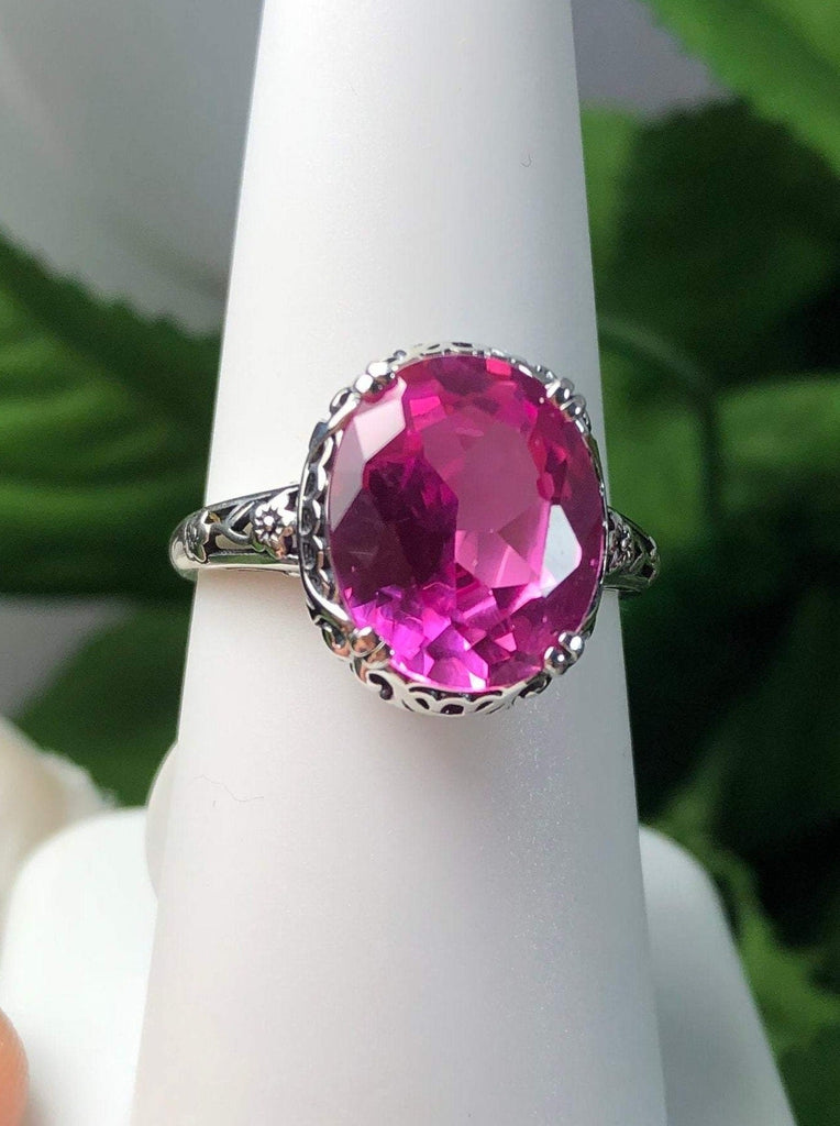 Natural Pink topaz Ring, 3.4 carat oval faceted gemstone, sterling silver floral filigree, Edward design #D70z, top view on ring form