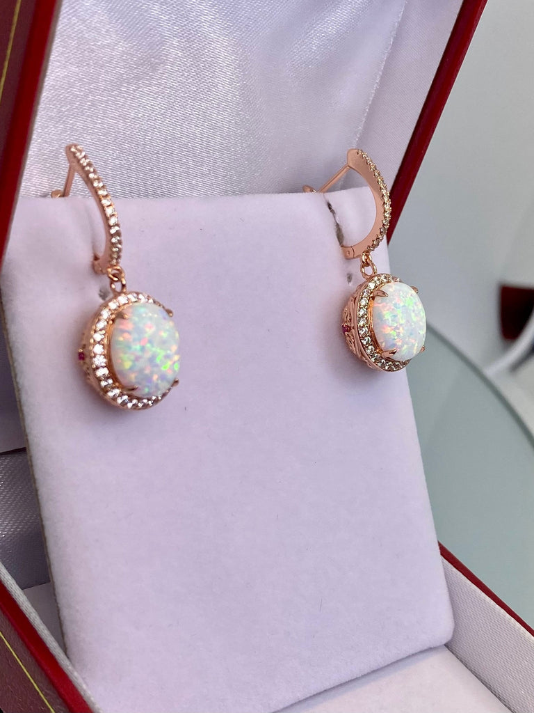 Opal Earrings, with Rose Gold filigree, an opal gemstone surrounded by sparkling CZs with delicate rose gold filigree, latch back hooks with CZs, Halo Earrings, E228, Silver Embrace Jewelry