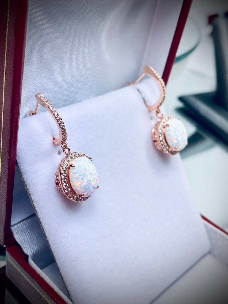 Opal Earrings, with Rose Gold filigree, an opal gemstone surrounded by sparkling CZs with delicate rose gold filigree, latch back hooks with CZs, Halo Earrings, E228, Silver Embrace Jewelry