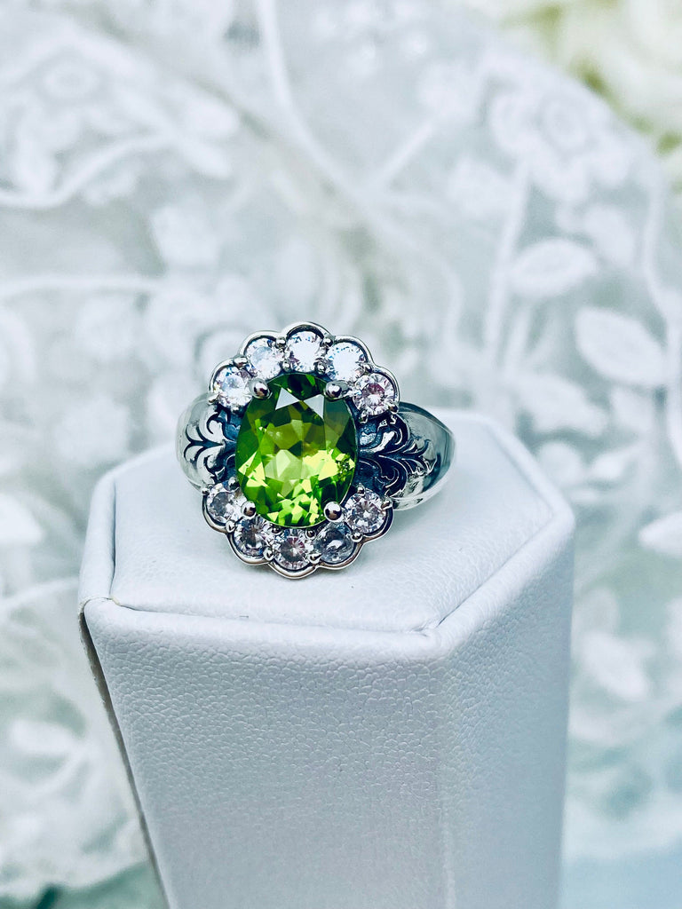 Natural Peridot Ring, Oval gemstone, Sterling Silver Filigree, CZ accents, Starburst, D419, Silver Embrace Jewelry