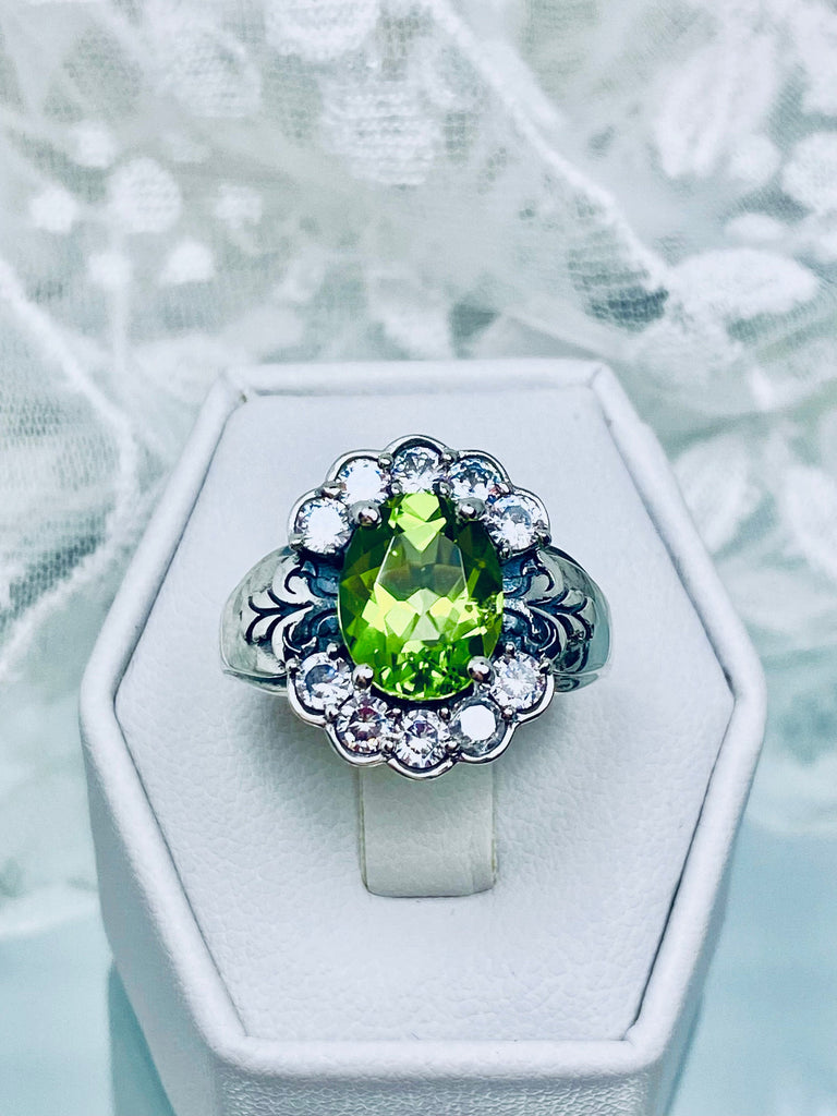 Natural Peridot Ring, Oval gemstone, Sterling Silver Filigree, CZ accents, Starburst, D419, Silver Embrace Jewelry