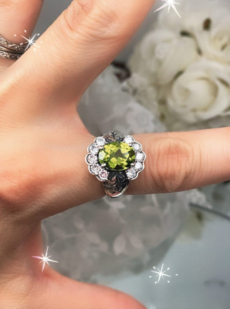 Natural Peridot Ring, Oval gemstone, Sterling Silver Filigree, CZ accents, Starburst, D419, Silver Embrace Jewelry