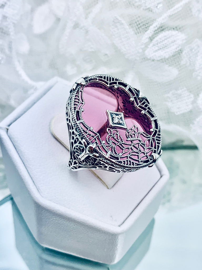 Pink Stained Glass Oval Ring, Sterling silver filigree, White CZ Inset or Moissanite Inset, Vintage jewelry, Silver Embrace Jewelry, D594