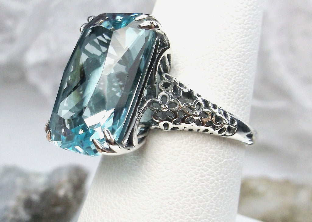 a fancy ring with a blue topazte surrounded by filigree, Aquamarine ring, Sky Blue Gemstone, cushion Cut, rectangle gemstone, Floral Vintage Sterling silver Filigree, Silver Embrace Jewelry, D224