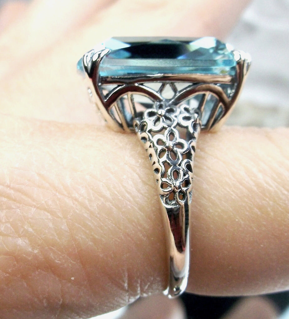 a close up of a person&#39;s hand with a ring on it, Aquamarine ring, Sky Blue Gemstone, cushion Cut, rectangle gemstone, Floral Vintage Sterling silver Filigree, Silver Embrace Jewelry, D224
