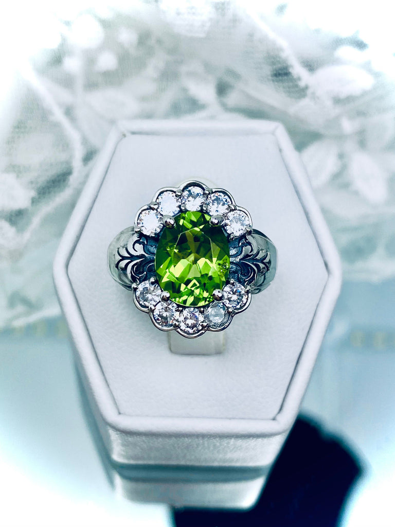 Natural Peridot Ring, Oval gemstone, Sterling Silver Filigree, CZ accents, Starburst, D419, Silver Embrace Jewelry