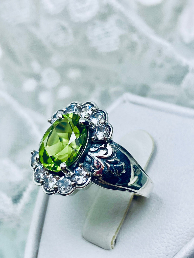 Natural Peridot Ring, Oval gemstone, Sterling Silver Filigree, CZ accents, Starburst, D419, Silver Embrace Jewelry