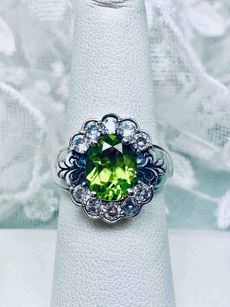 Natural Peridot Ring, Oval gemstone, Sterling Silver Filigree, CZ accents, Starburst, D419, Silver Embrace Jewelry