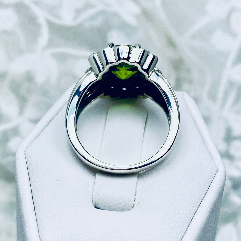 Natural Peridot Ring, Oval gemstone, Sterling Silver Filigree, CZ accents, Starburst, D419, Silver Embrace Jewelry