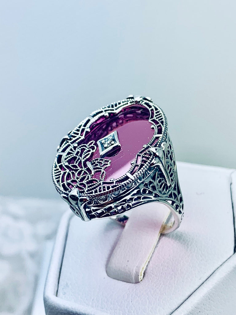 Pink Stained Glass Oval Ring, Sterling silver filigree, White CZ Inset or Moissanite Inset, Vintage jewelry, Silver Embrace Jewelry, D594