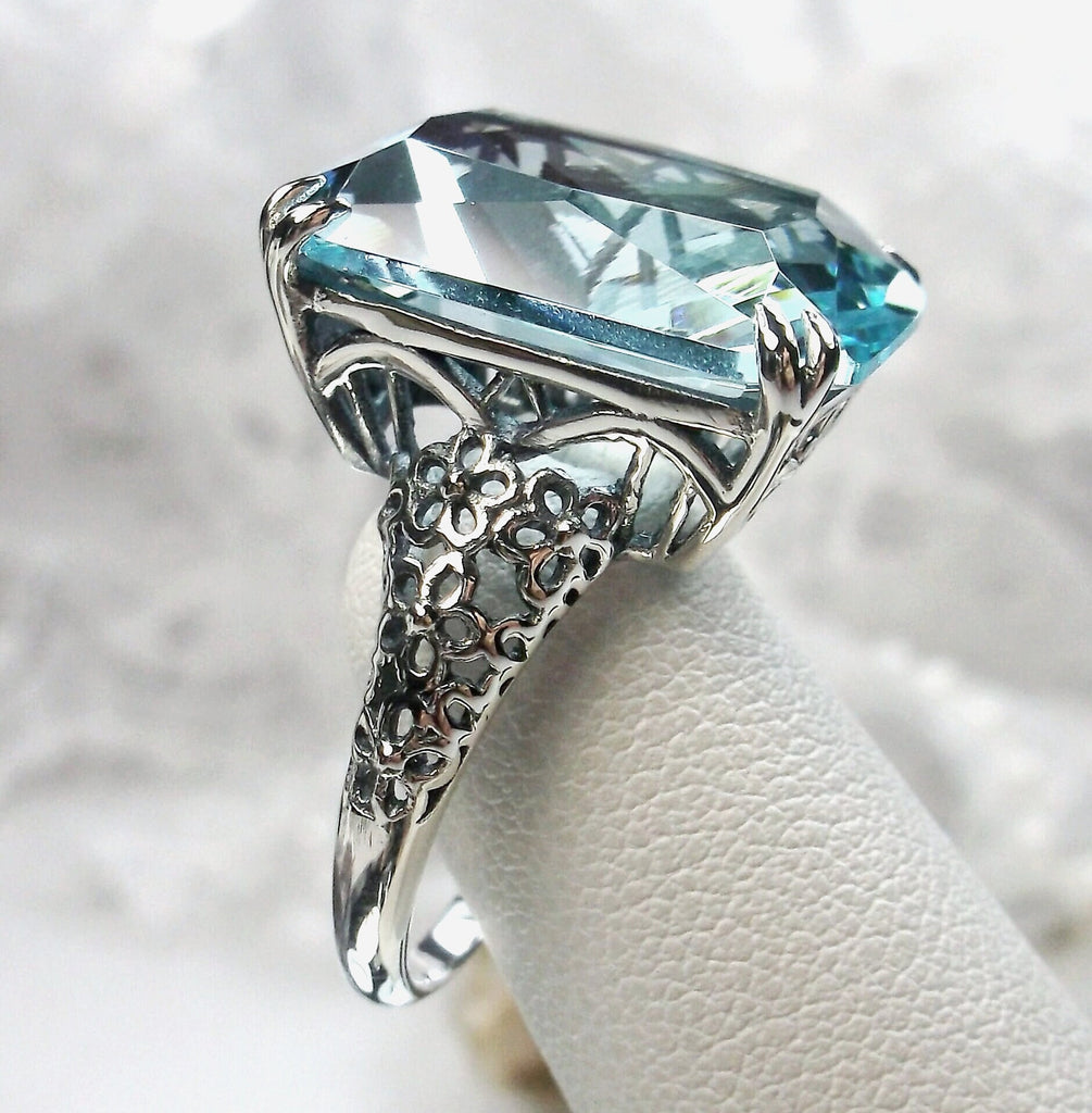 Aquamarine ring, Sky Blue Gemstone, cushion Cut, rectangle gemstone, Floral Vintage Sterling silver Filigree, Silver Embrace Jewelry, D224