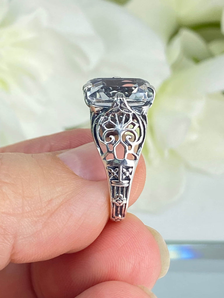 Natural White Topaz Ring, Silver Victorian Scroll Filigree, Flat Prong Vic, D46, Silver Embrace Jewelry