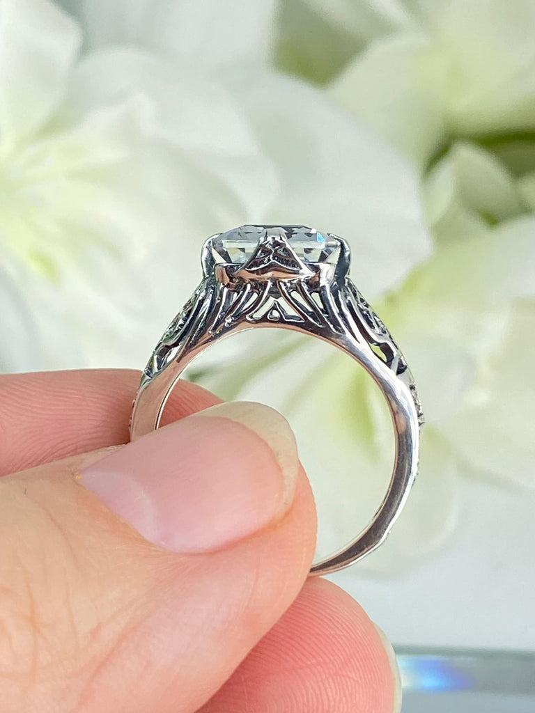 Natural White Topaz Ring, Silver Victorian Scroll Filigree, Flat Prong Vic, D46, Silver Embrace Jewelry