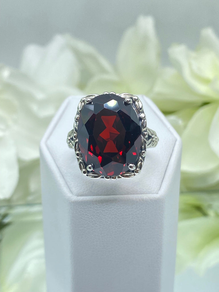 Red Garnet CZ Ring, 12 ct Oval Garnet Cubic Zirconia, Leaf Accent Vintage Jewelry, Sterling Silver Jewelry, Silver Embrace Jewelry, D120 Leaf Accent Ring