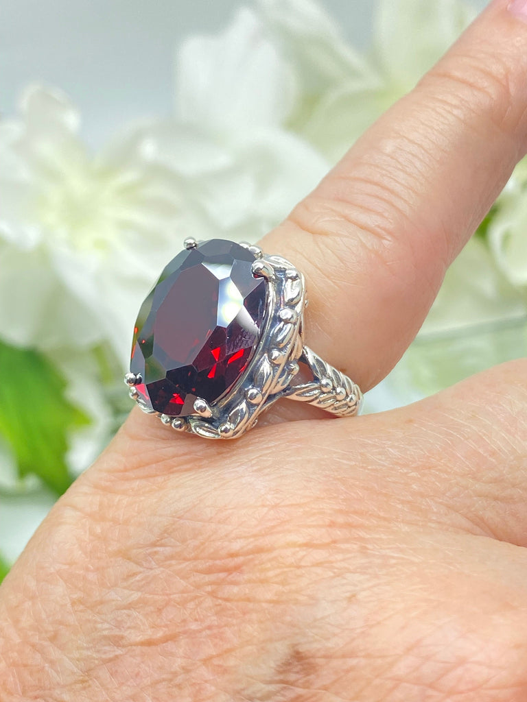 Red Garnet CZ Ring, 12 ct Oval Garnet Cubic Zirconia, Leaf Accent Vintage Jewelry, Sterling Silver Jewelry, Silver Embrace Jewelry, D120 Leaf Accent Ring