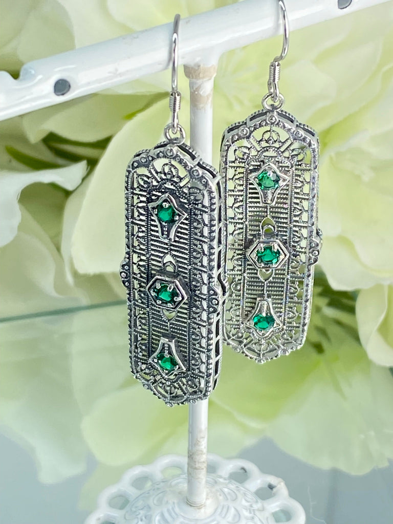 Natural Emerald Earrings, Edwardian Intricate Filigree, 3 Kings, Sterling Silver Jewelry, Silver Embrace Jewelry, E197