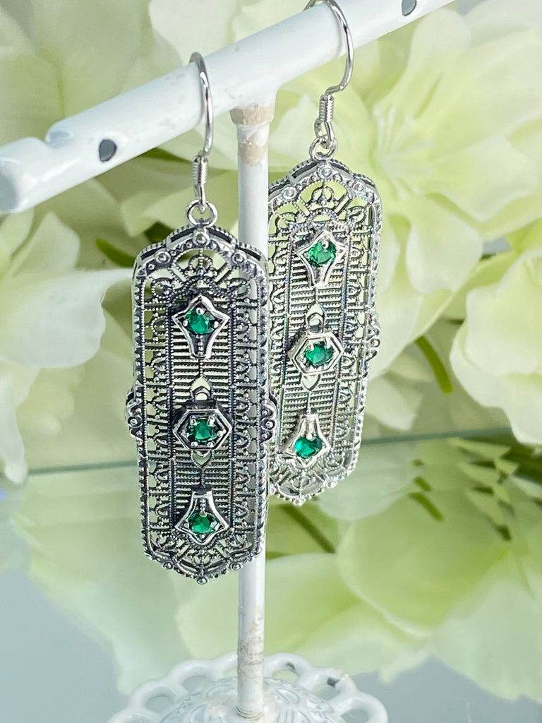 Natural Emerald Earrings, Edwardian Intricate Filigree, 3 Kings, Sterling Silver Jewelry, Silver Embrace Jewelry, E197