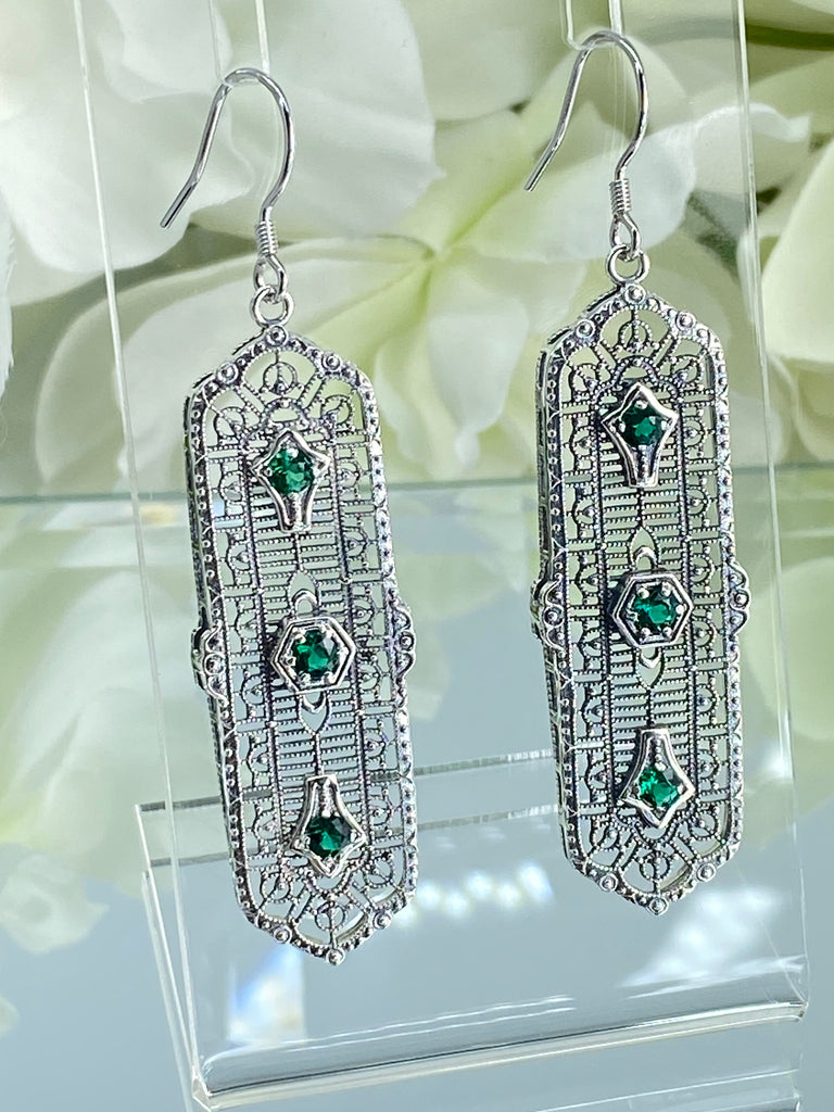 Natural Emerald Earrings, Edwardian Intricate Filigree, 3 Kings, Sterling Silver Jewelry, Silver Embrace Jewelry, E197