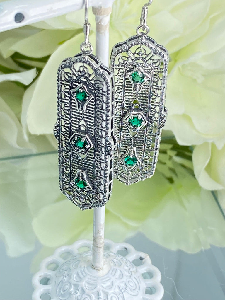 Natural Emerald Earrings, Edwardian Intricate Filigree, 3 Kings, Sterling Silver Jewelry, Silver Embrace Jewelry, E197