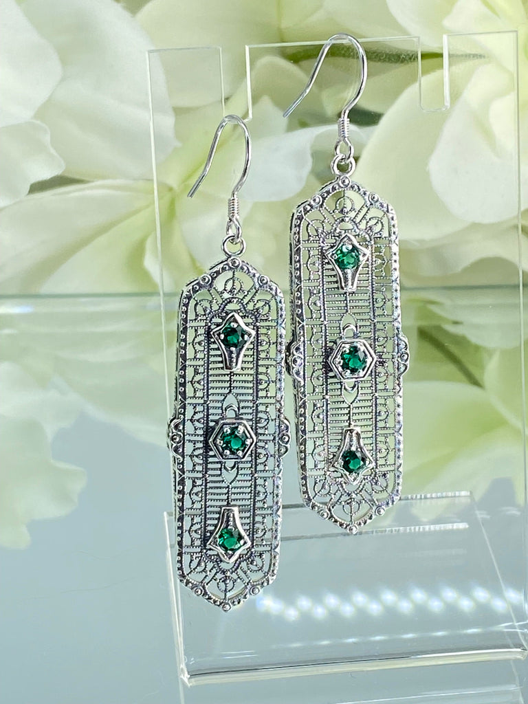 Natural Emerald Earrings, Edwardian Intricate Filigree, 3 Kings, Sterling Silver Jewelry, Silver Embrace Jewelry, E197