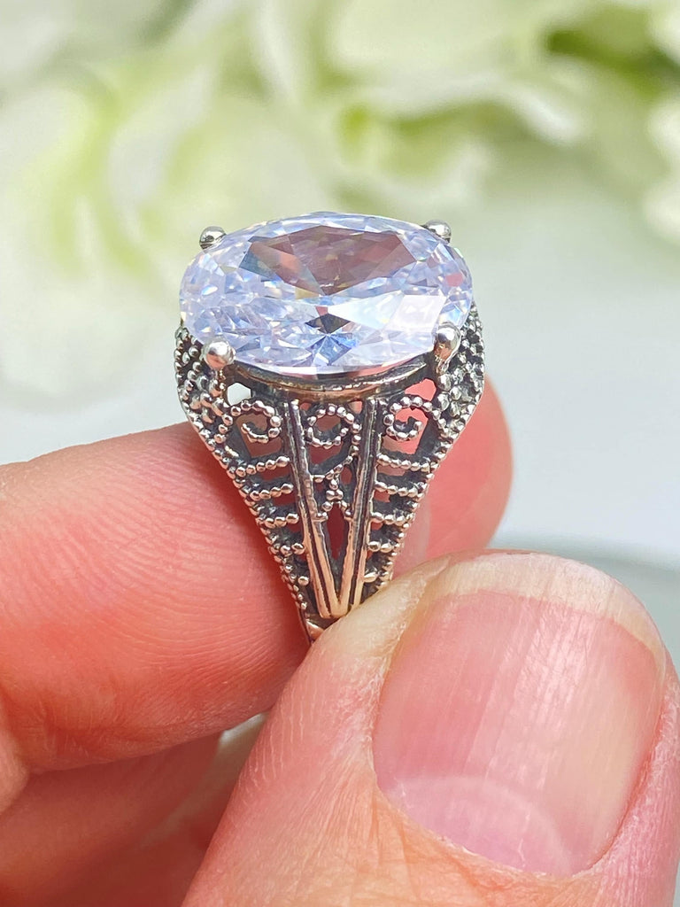 White CZ Ring, 6ct Oval cut Cubic Zirconia, Sterling silver filigree jewelry, Silver Embrace Jewelry, D175, Loren design