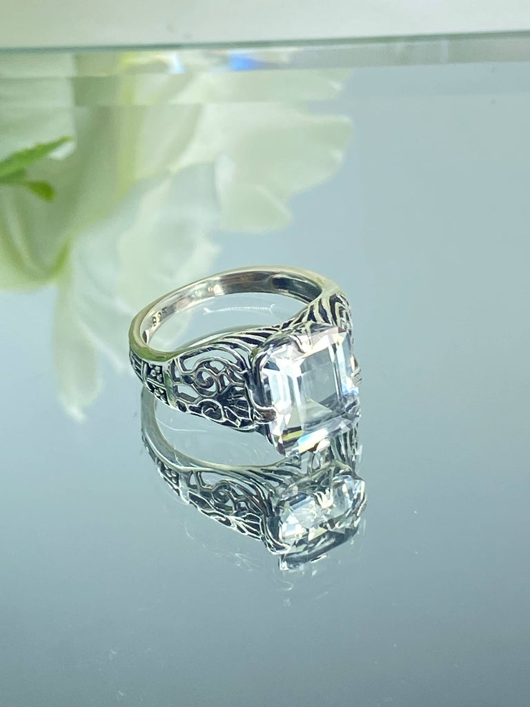 Natural White Topaz Ring, Silver Victorian Scroll Filigree, Flat Prong Vic, D46, Silver Embrace Jewelry