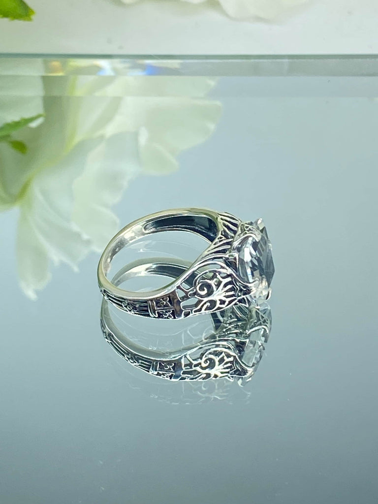 Natural White Topaz Ring, Silver Victorian Scroll Filigree, Flat Prong Vic, D46, Silver Embrace Jewelry