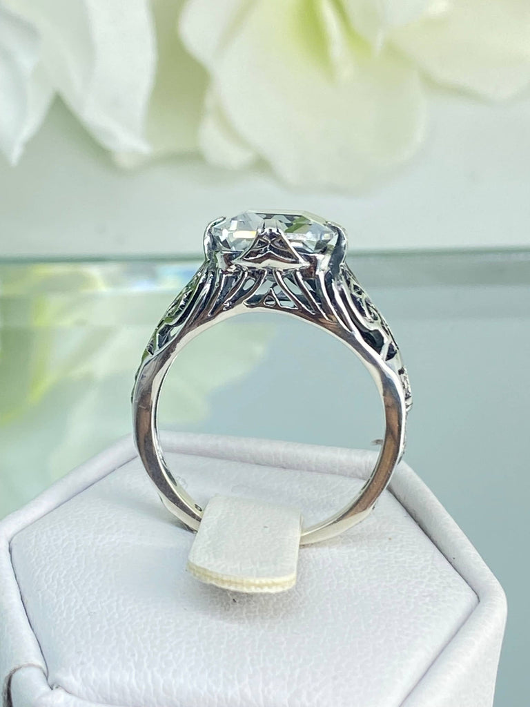Natural White Topaz Ring, Silver Victorian Scroll Filigree, Flat Prong Vic, D46, Silver Embrace Jewelry
