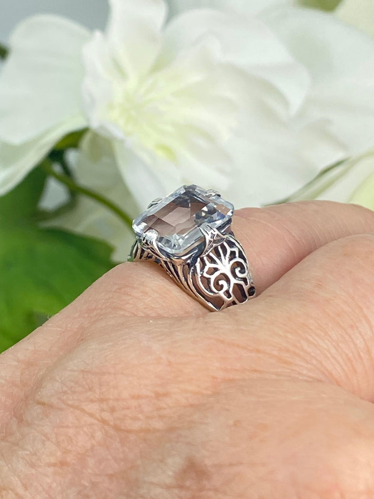 Natural White Topaz Ring, Silver Victorian Scroll Filigree, Flat Prong Vic, D46, Silver Embrace Jewelry