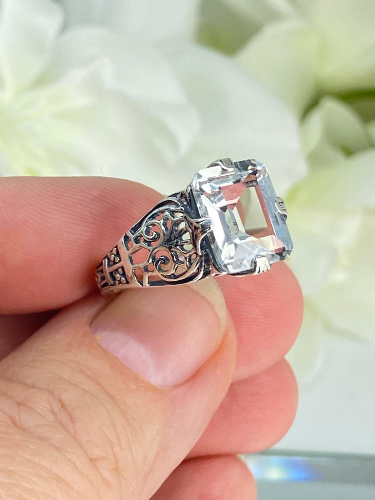 Natural White Topaz Ring, Silver Victorian Scroll Filigree, Flat Prong Vic, D46, Silver Embrace Jewelry