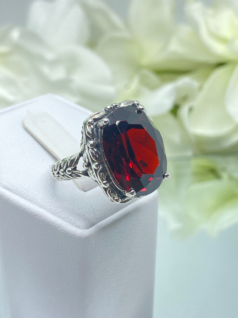 Red Garnet CZ Ring, 12 ct Oval Garnet Cubic Zirconia, Leaf Accent Vintage Jewelry, Sterling Silver Jewelry, Silver Embrace Jewelry, D120 Leaf Accent Ring