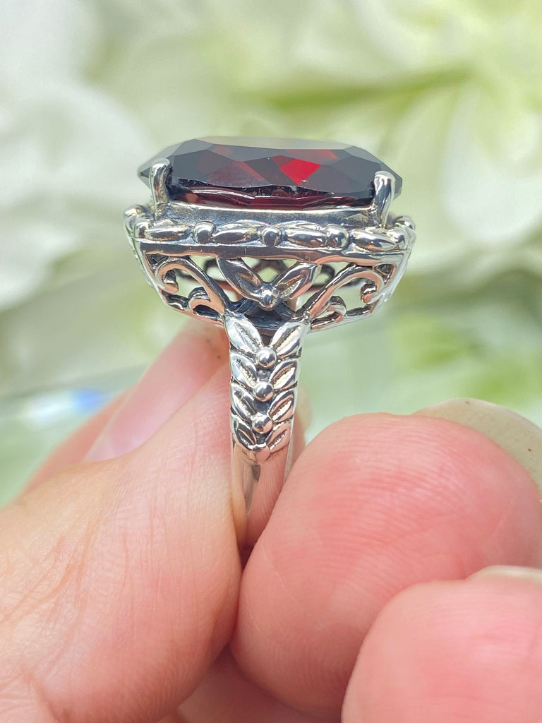 Red Garnet CZ Ring, 12 ct Oval Garnet Cubic Zirconia, Leaf Accent Vintage Jewelry, Sterling Silver Jewelry, Silver Embrace Jewelry, D120 Leaf Accent Ring