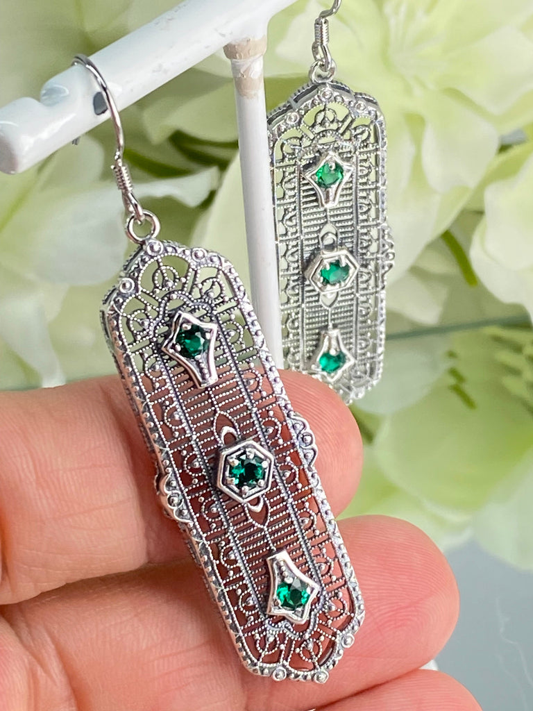 Natural Emerald Earrings, Edwardian Intricate Filigree, 3 Kings, Sterling Silver Jewelry, Silver Embrace Jewelry, E197