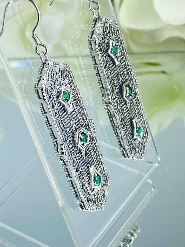 Natural Emerald Earrings, Edwardian Intricate Filigree, 3 Kings, Sterling Silver Jewelry, Silver Embrace Jewelry, E197