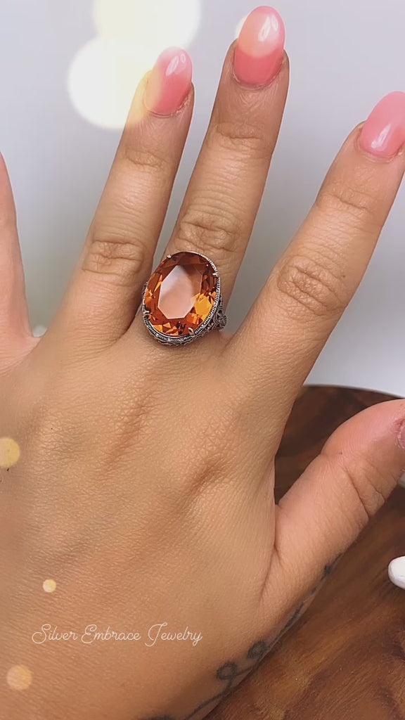 Citrine Ring, Orange Ring, Art Deco Vintage Style, Persian Design, Oval Gemstone, Large Ring, Silver Embrace Jewelry, D230Citrine Ring, Orange Ring, Art Deco Vintage Style, Persian Design, Oval Gemstone, Large Ring, Silver Embrace Jewelry, D230