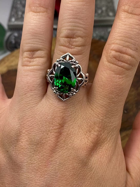 Emerald Green CZ Ring Gothic Filigree Ring - Vintage Style Ring D98 Silver Embrace Jewelry video