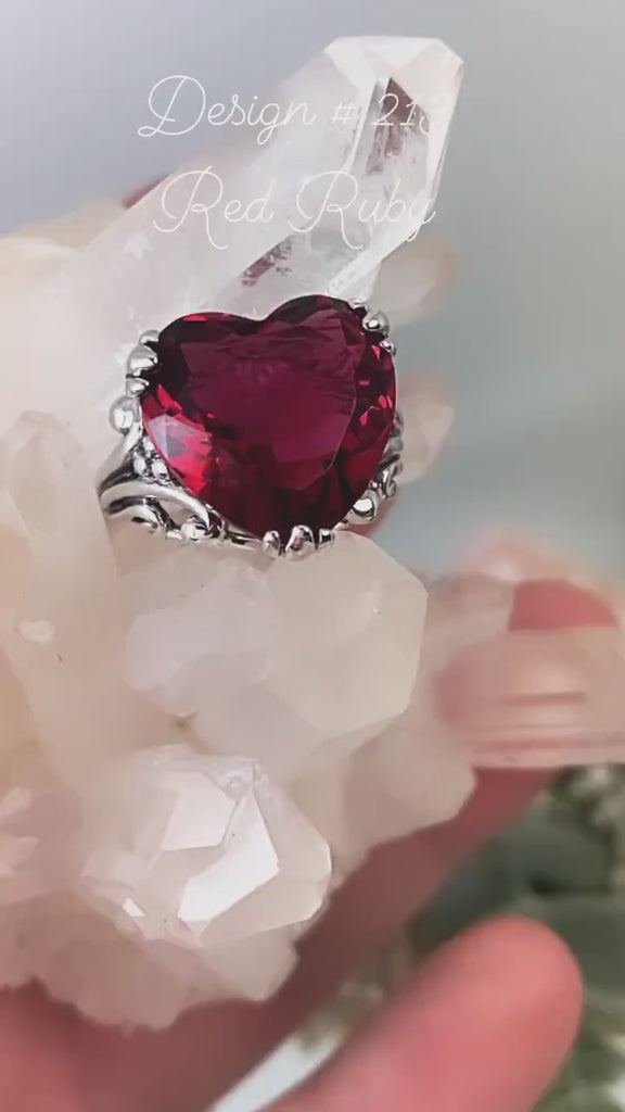 Ruby Ring, Heart shape gemstone, Art Deco Jewelry, Sterling Silver Filigree, Silver Embrace Jewelry, D213
