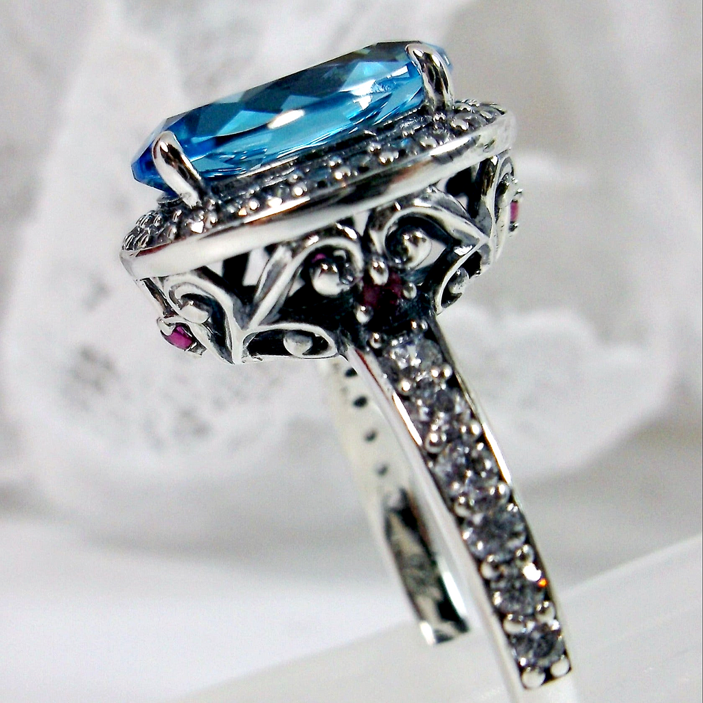 Natural Blue Topaz Ring with white CZ gems surrounding the central blue gemstone, Sky Blue Natural Topaz Ring, Sterling Silver Filigree, Halo Design, Silver Embrace Jewelry, Art Deco Jewelry, D228