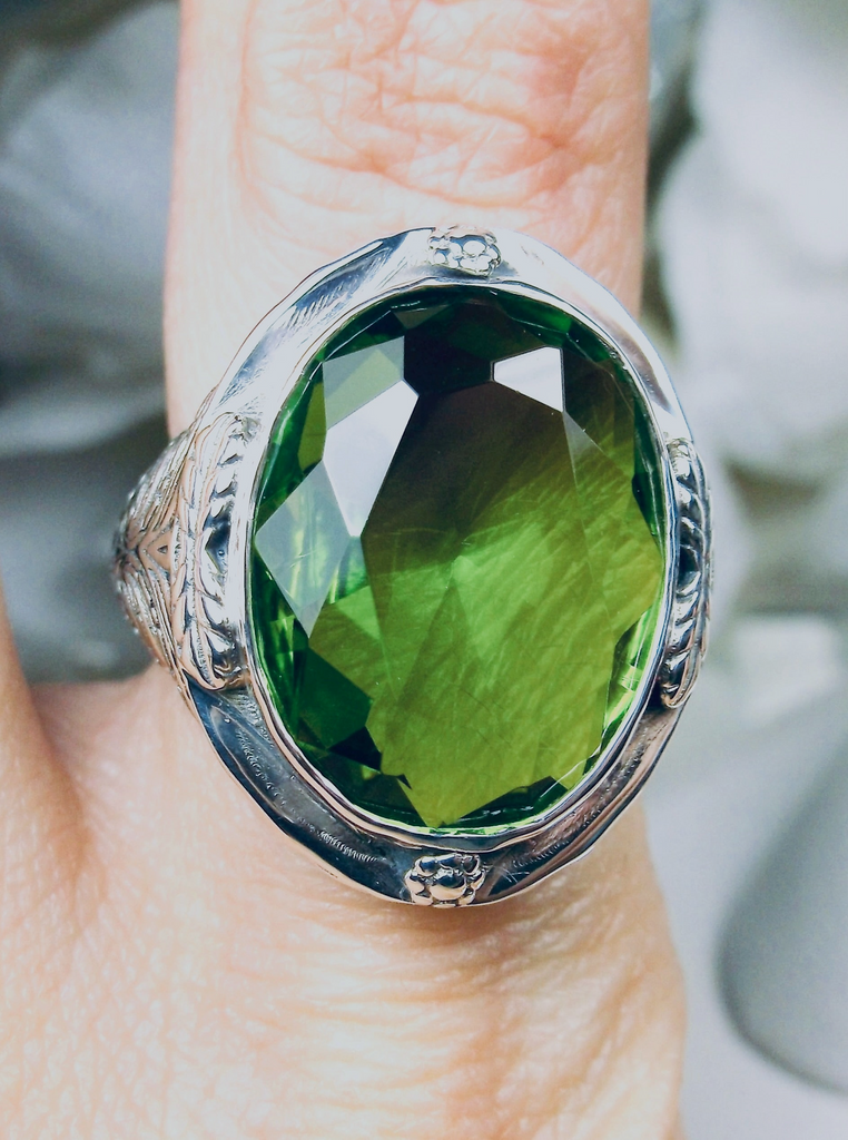 Green Peridot Ring, Large Oval Victorian Ring, Floral Filigree, Sterling Silver Ring, Silver Embrace Jewelry, GG Design#2