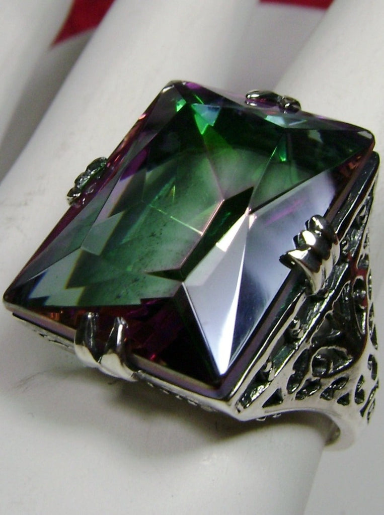 Huge Rectangle Simulated Mystic Topaz Ring, Sterling silver antique Filigree,  silver embrace jewelry Design D9