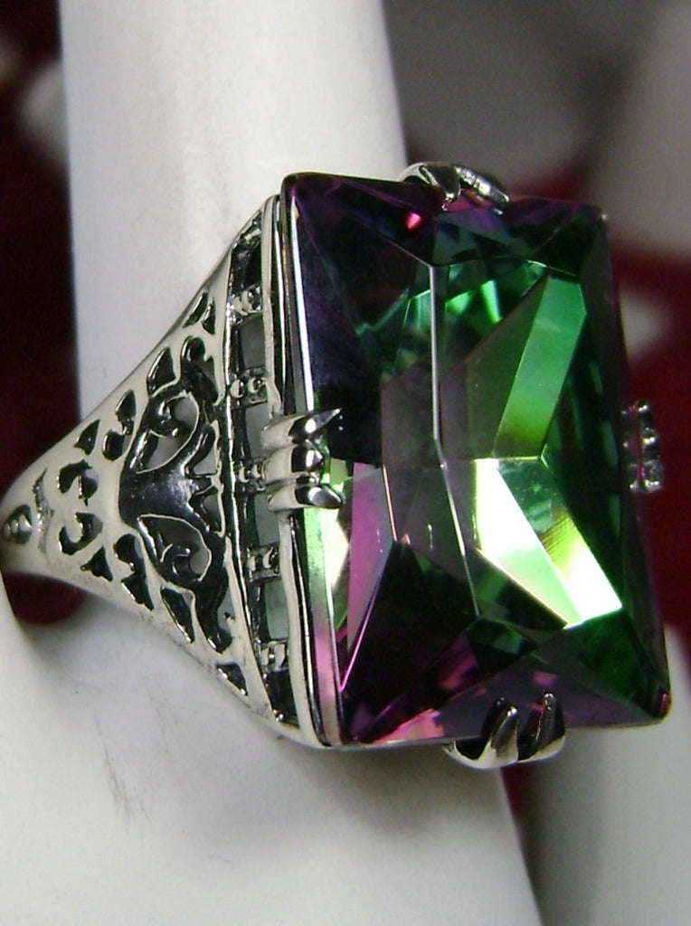 Huge Rectangle Simulated Mystic Topaz Ring, Sterling silver antique Filigree, silver embrace jewelry Design D9