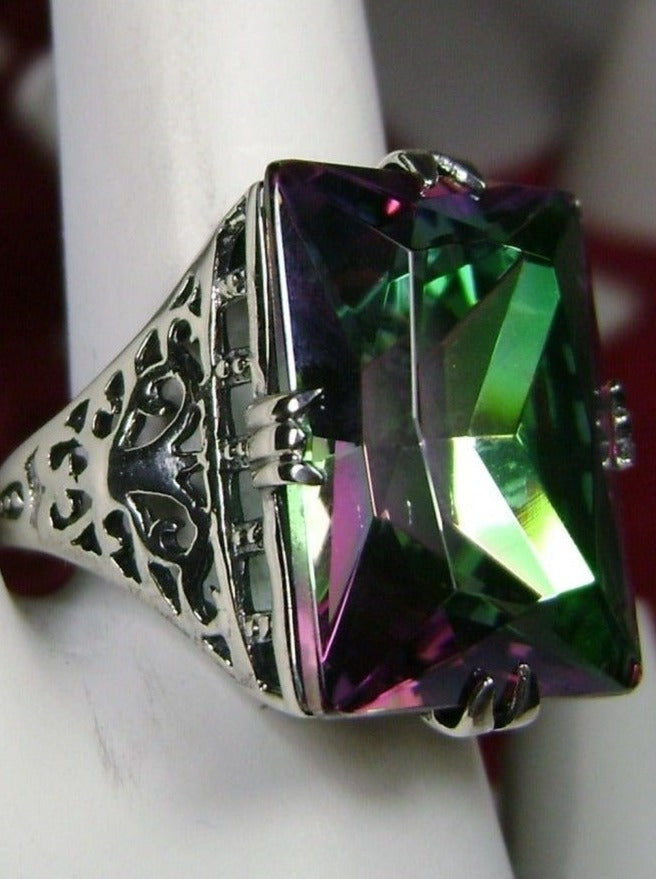 Huge Rectangle Simulated Mystic Topaz Ring, Sterling silver antique Filigree, silver embrace jewelry Design D9