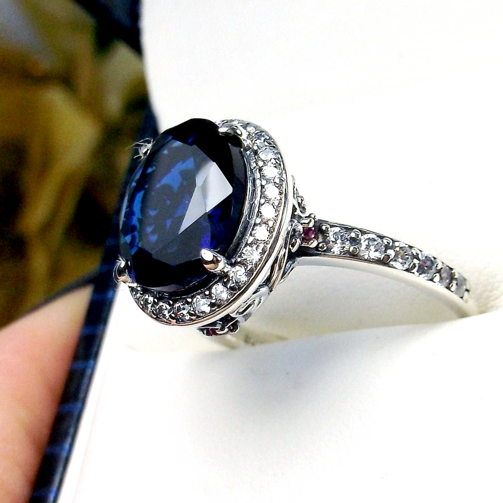a ring with a blue stone surrounded by diamonds, Blue Sapphire Ring, Sterling Silver Filigree, Halo Design, Silver Embrace Jewelry, Art Deco Jewelry, D228